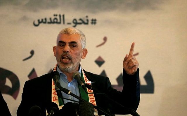 Illustrative: Hamas leader in the Gaza Strip Yahya Sinwar speaks during a press conference in Gaza City on May 30, 2019. (Mohammed Abed/AFP)
