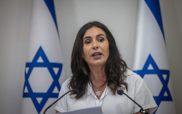 Transportation Minister Miri Regev holds a press conference ahead of the state ceremony commemorating the October 7 Hamas attack, at the Ministry of Transport and Road Safety in Jerusalem, August 22, 2024. (Chaim Goldberg/Flash90)