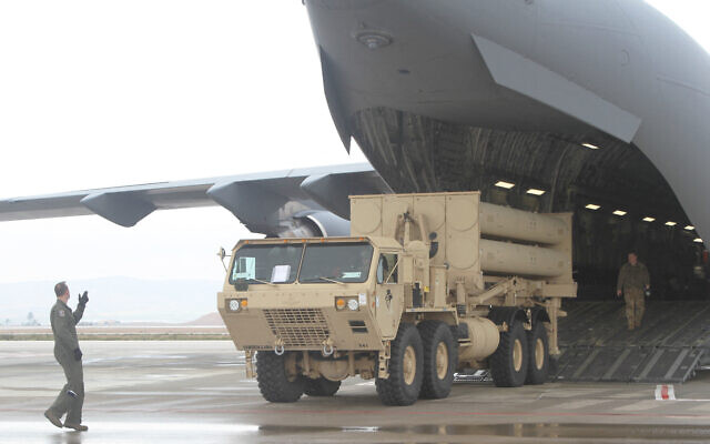 In this image courtesy of DVIDS, a US Air Force Airmen offloads a THAAD launcher from a C-17 GlobeMaster III at Nevatim Air Base, Israel, Mar 1, 2019. (Robert DURR / DVIDS / AFP)